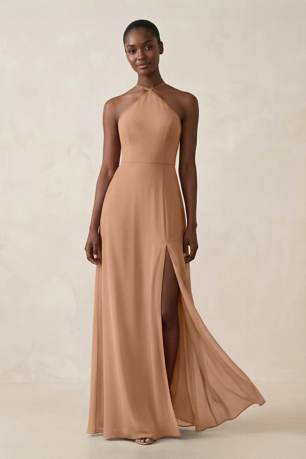 Sheath Halter Chiffon Bridesmaid Dress with Slit in Bronzer