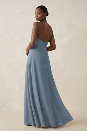 Sheath Halter Chiffon Bridesmaid Dress with Slit in Dusty Blue (2) | KISSBRIDAL