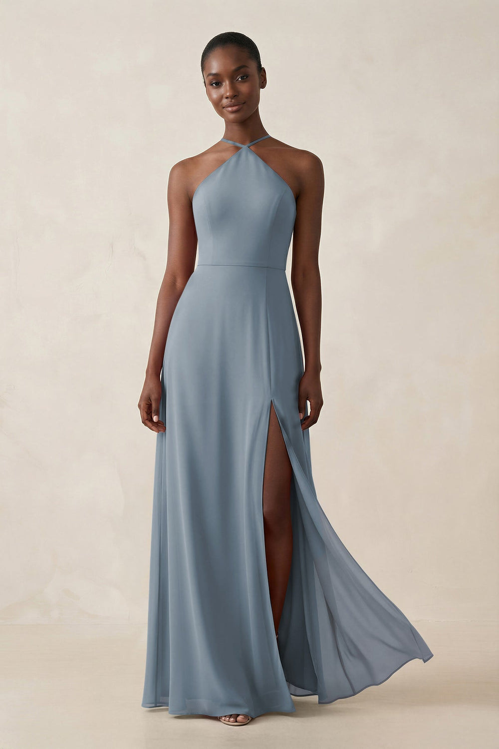 Sheath Halter Chiffon Bridesmaid Dress with Slit in Dusty Blue
