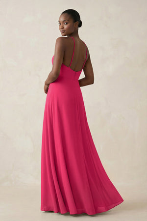 Sheath Halter Chiffon Bridesmaid Dress with Slit in Fuchsia (2) | KISSBRIDAL