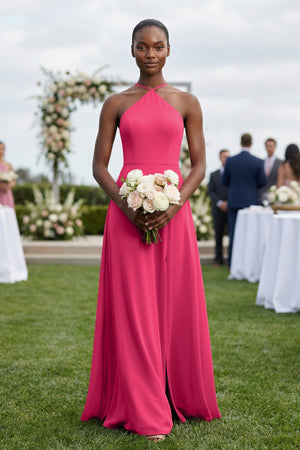 Sheath Halter Chiffon Bridesmaid Dress with Slit in Fuchsia (4) | KISSBRIDAL