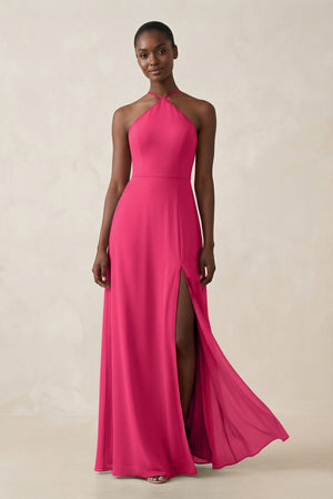 Sheath Halter Chiffon Bridesmaid Dress with Slit in Fuchsia | KISSBRIDAL
