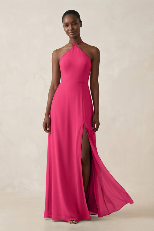 Sheath Halter Chiffon Bridesmaid Dress with Slit in Fuchsia | KISSBRIDAL