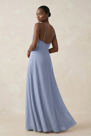 Sheath Halter Chiffon Bridesmaid Dress with Slit in Ice (2) | KISSBRIDAL