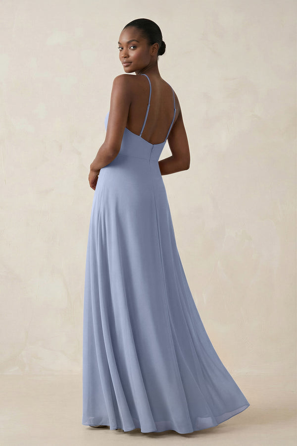 Sheath Halter Chiffon Bridesmaid Dress with Slit in Ice (2) | KISSBRIDAL