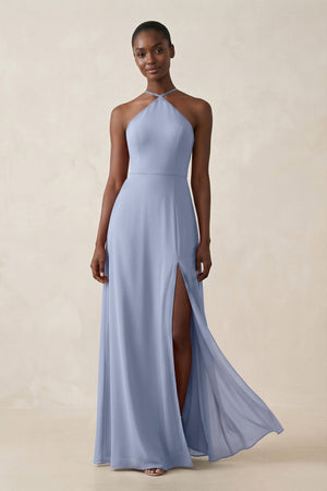 Sheath Halter Chiffon Bridesmaid Dress with Slit in Ice | KISSBRIDAL