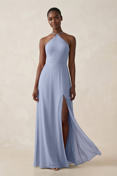 Sheath Halter Chiffon Bridesmaid Dress with Slit in Ice | KISSBRIDAL