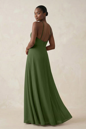 Sheath Halter Chiffon Bridesmaid Dress with Slit in Moss (2) | KISSBRIDAL