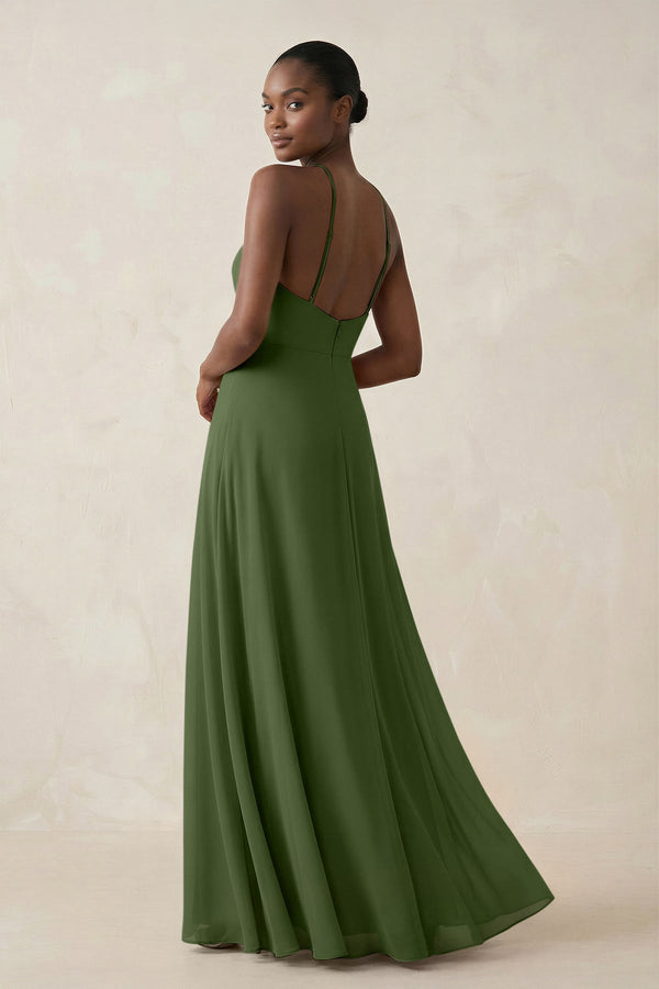 Sheath Halter Chiffon Bridesmaid Dress with Slit in Moss (2) | KISSBRIDAL