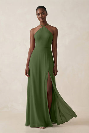 Sheath Halter Chiffon Bridesmaid Dress with Slit in Moss | KISSBRIDAL