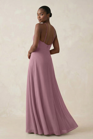Sheath Halter Chiffon Bridesmaid Dress with Slit in Vintage Mauve (2) | KISSBRIDAL