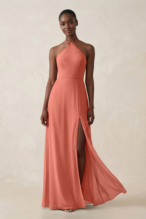 Sheath Halter Chiffon Bridesmaid Dress with Slit in Wild Rose - KISS BRIDAL Bridesmaid Dresses