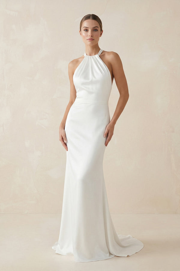 Sheath Halter Satin Backless Wedding Dress - KISS BRIDAL Wedding Dresses