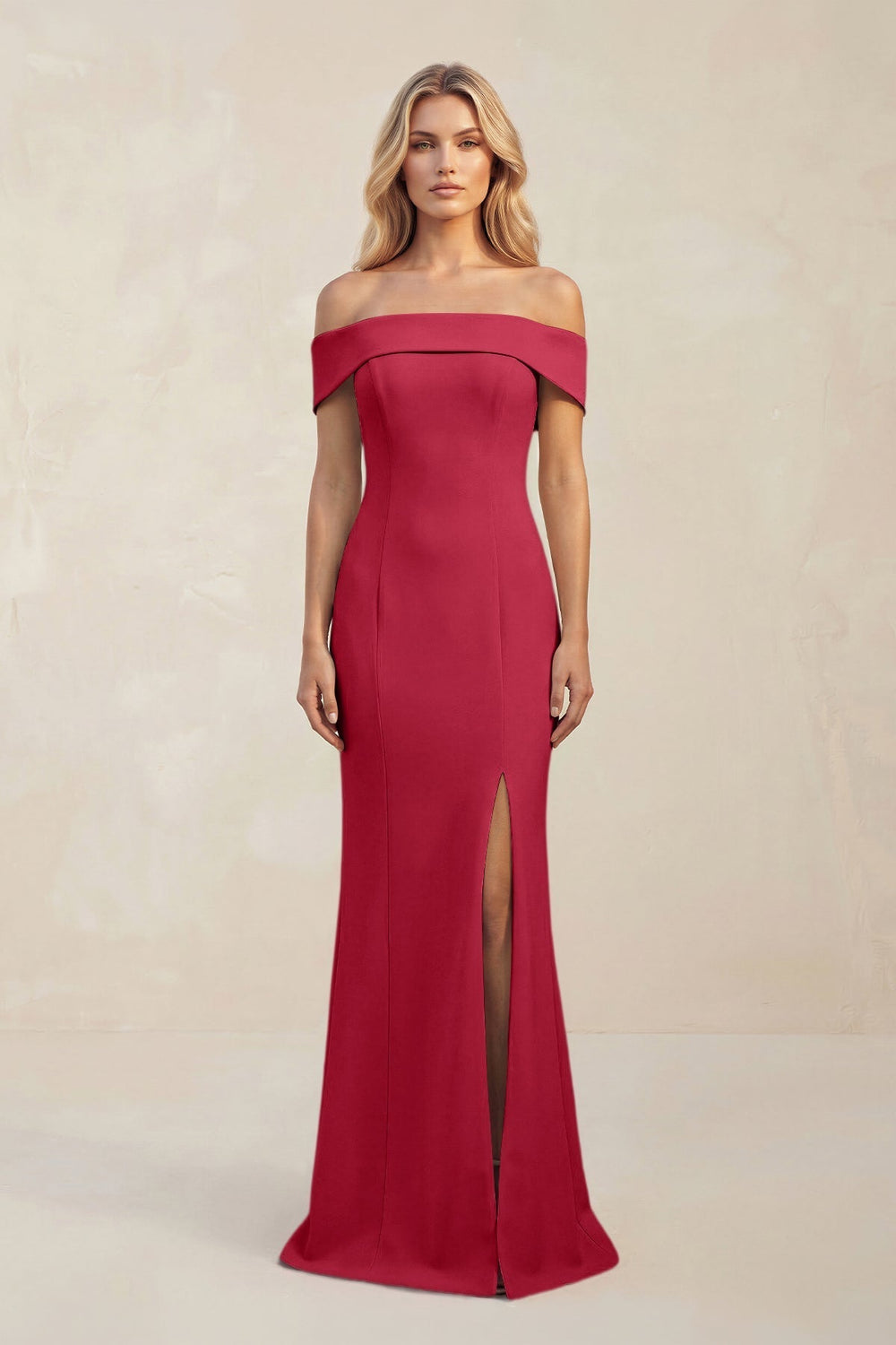 Sheath Off-the-Shoulder Satin Bridesmaid Dress With Slit in Burgundy