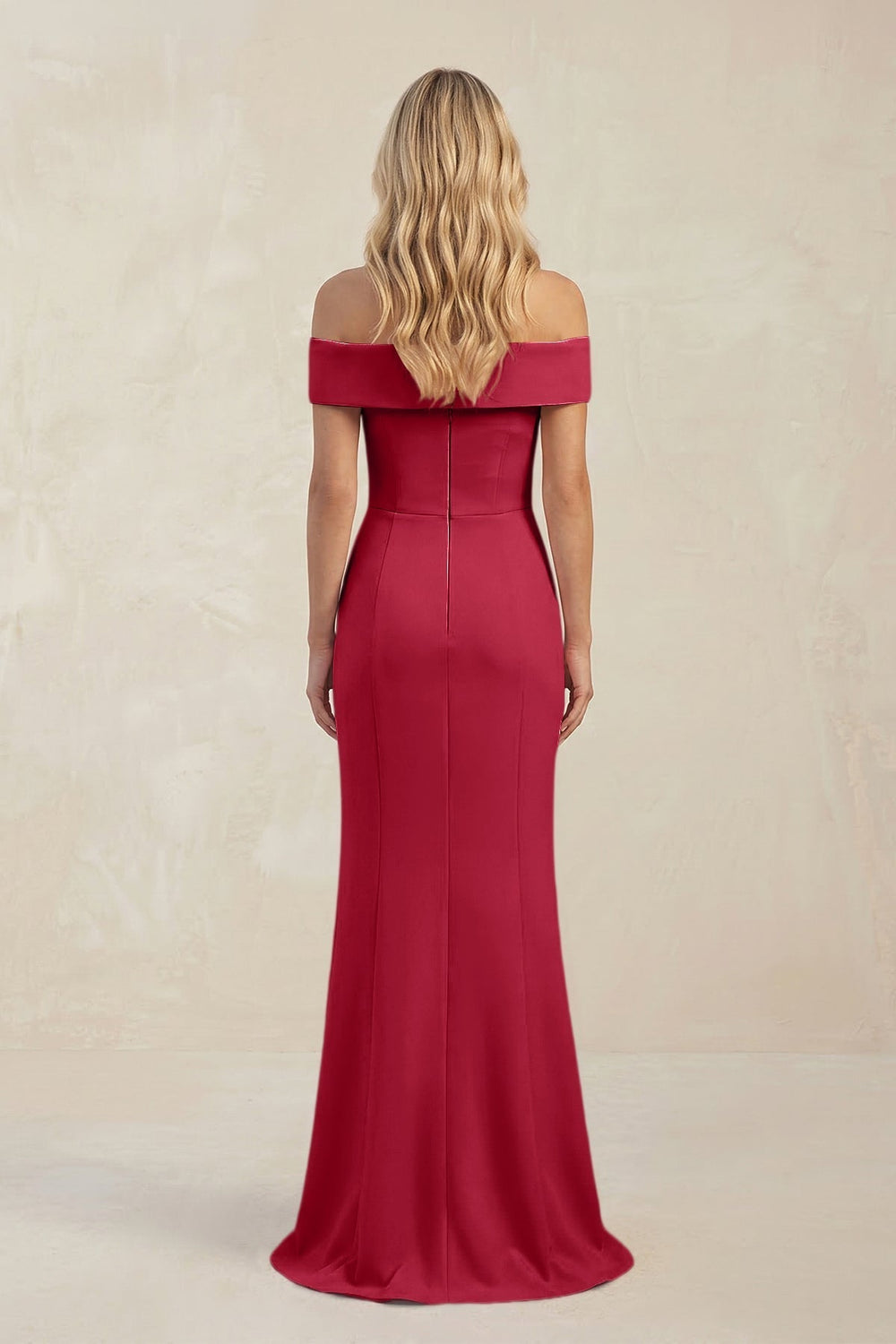 Sheath Off-the-Shoulder Satin Bridesmaid Dress With Slit in Burgundy