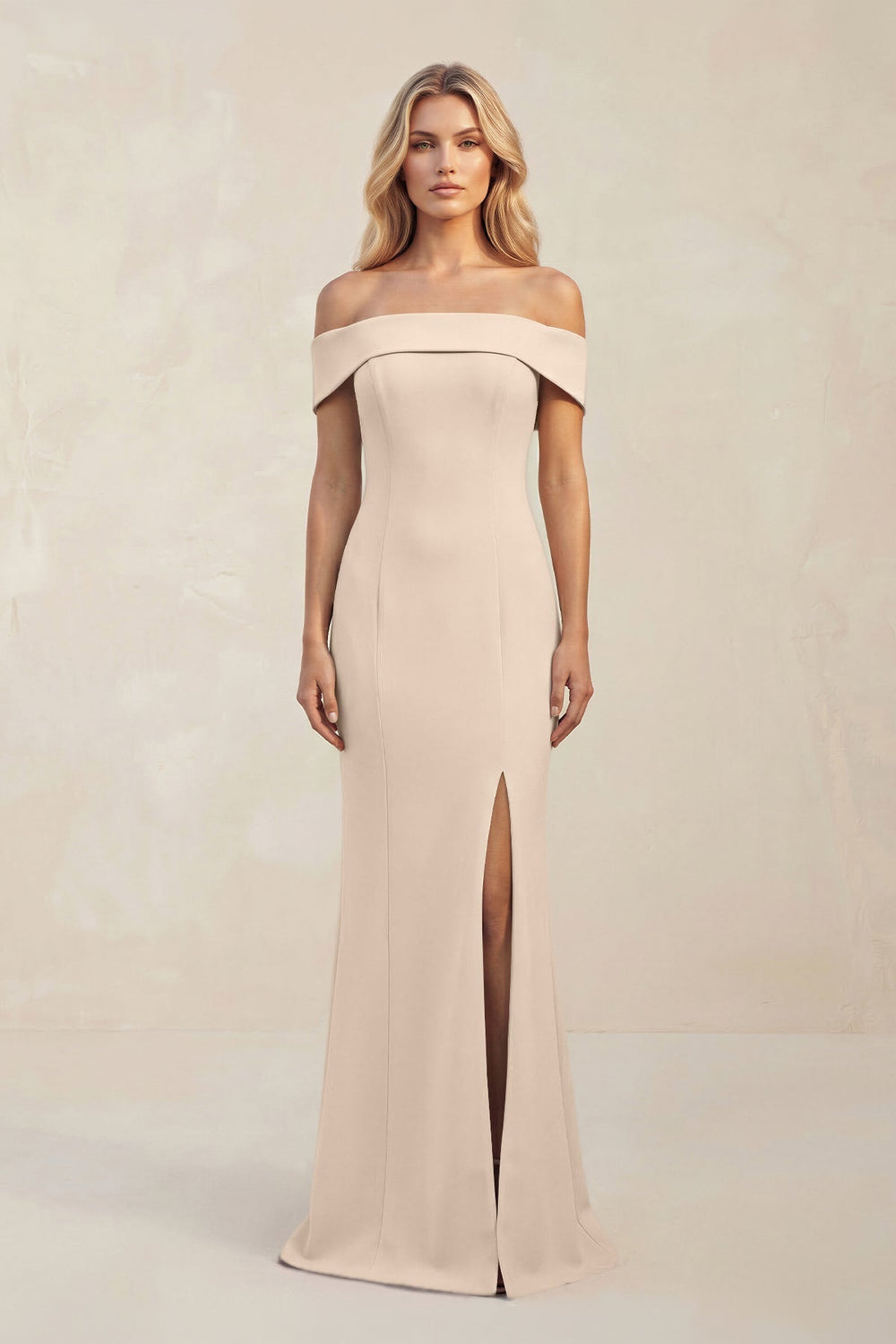 Sheath Off-the-Shoulder Satin Bridesmaid Dress With Slit in Champagne