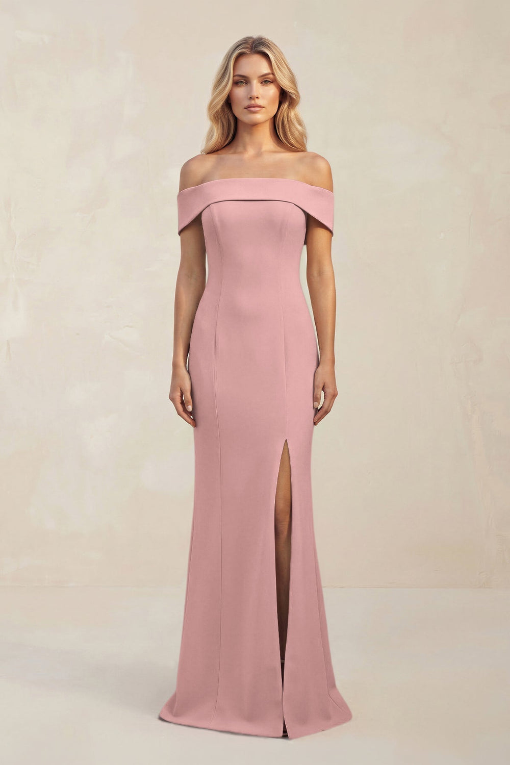 Sheath Off-the-Shoulder Satin Bridesmaid Dress With Slit in Champagne Rose