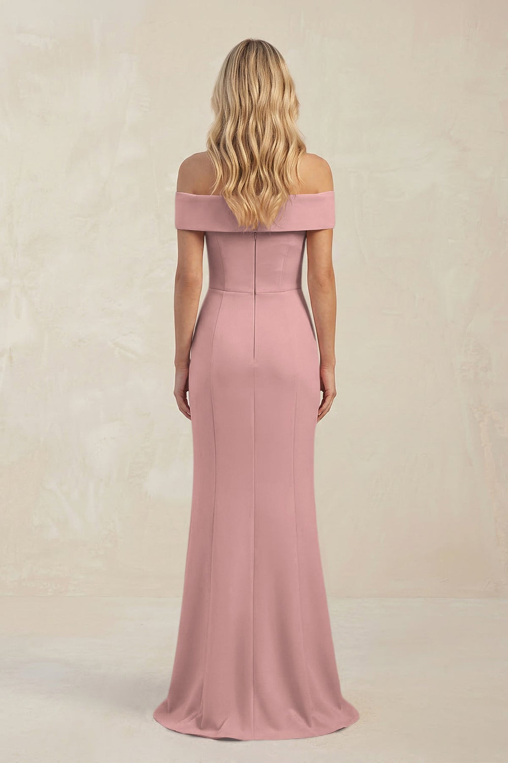Sheath Off-the-Shoulder Satin Bridesmaid Dress With Slit in Champagne Rose