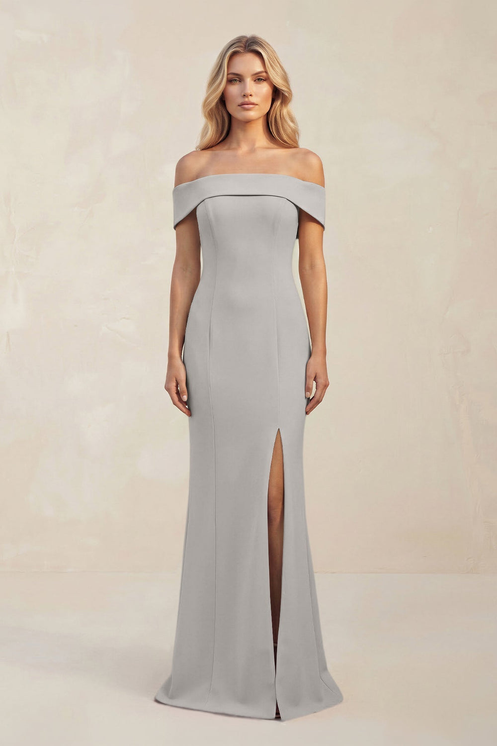 Sheath Off-the-Shoulder Satin Bridesmaid Dress With Slit in Dove Gray