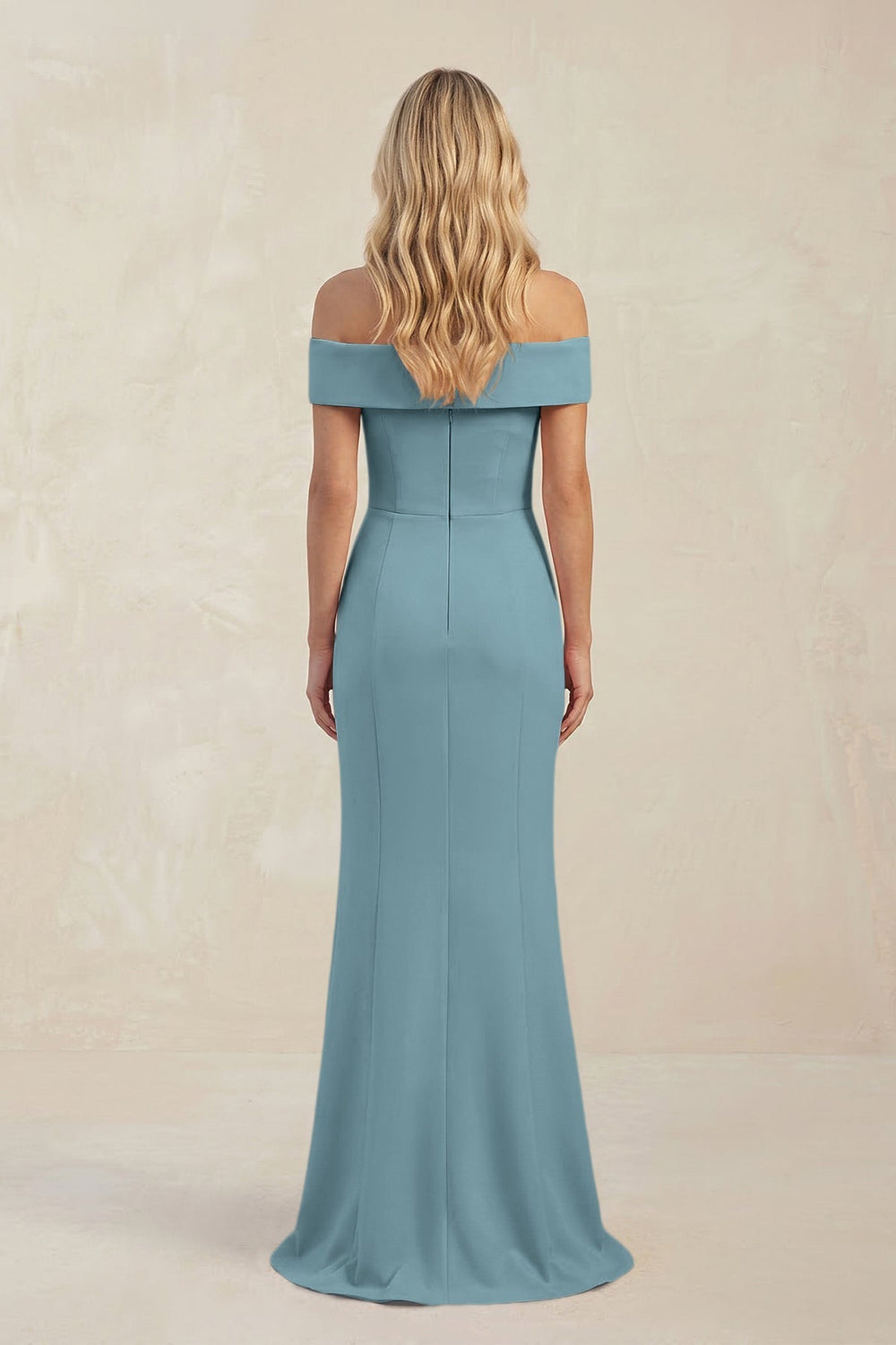 Sheath Off-the-Shoulder Satin Bridesmaid Dress With Slit in Dusty Blue