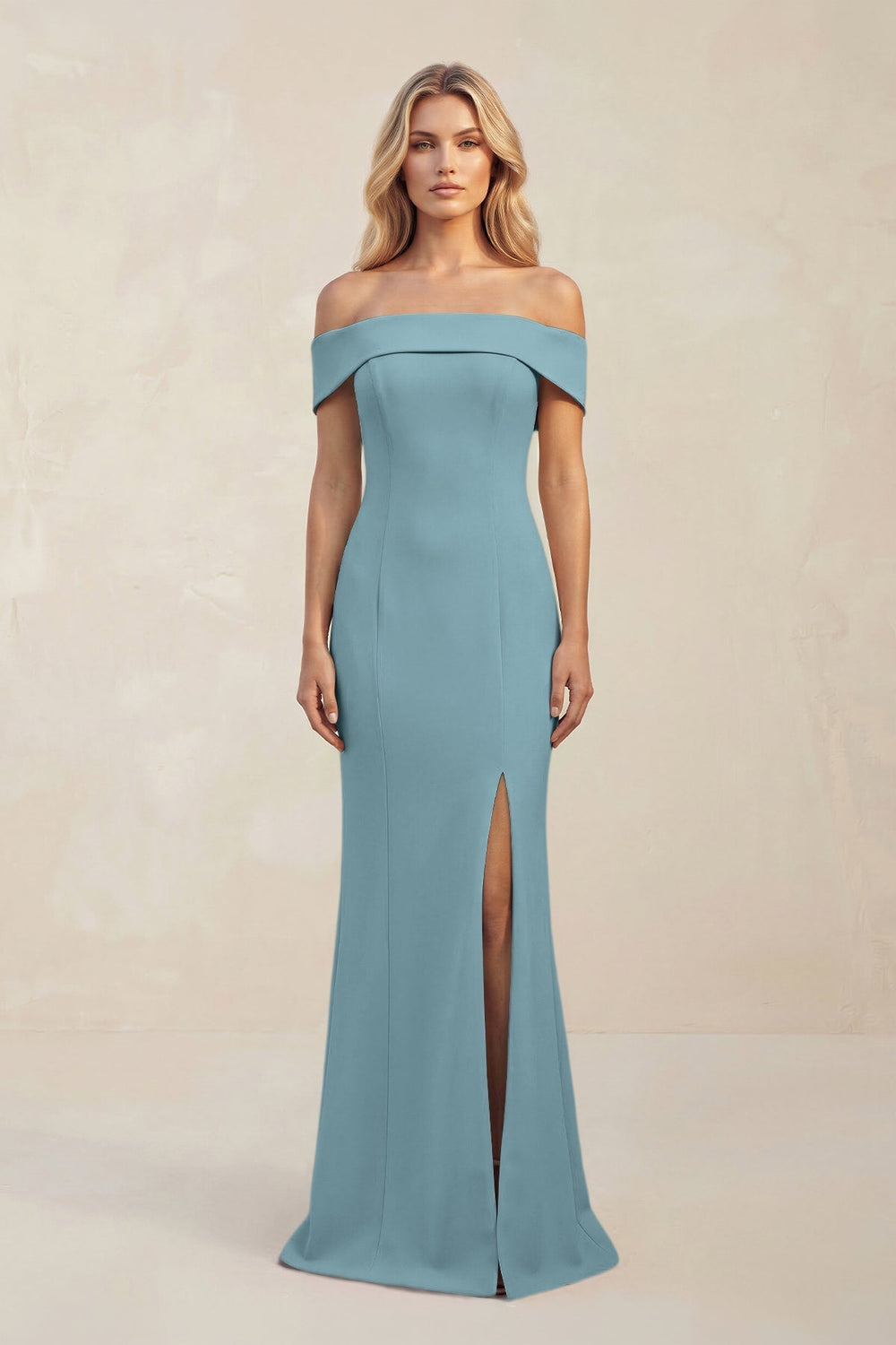 Sheath Off-the-Shoulder Satin Bridesmaid Dress With Slit in Dusty Blue