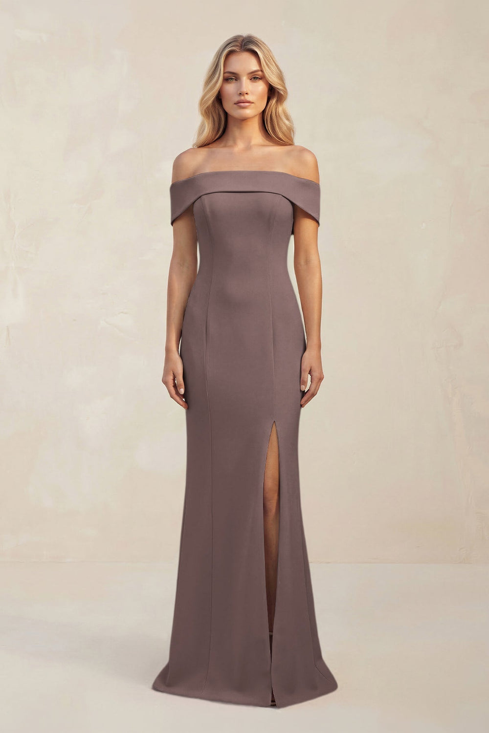 Sheath Off-the-Shoulder Satin Bridesmaid Dress With Slit in Espresso