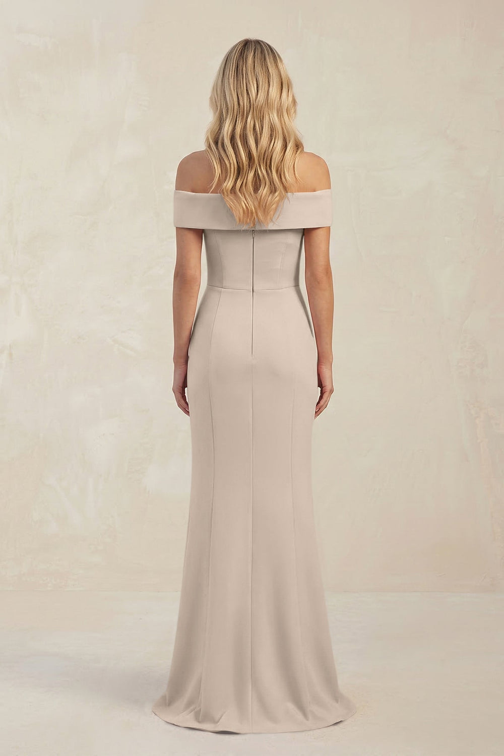 Sheath Off-the-Shoulder Satin Bridesmaid Dress With Slit in Neutral Champagne
