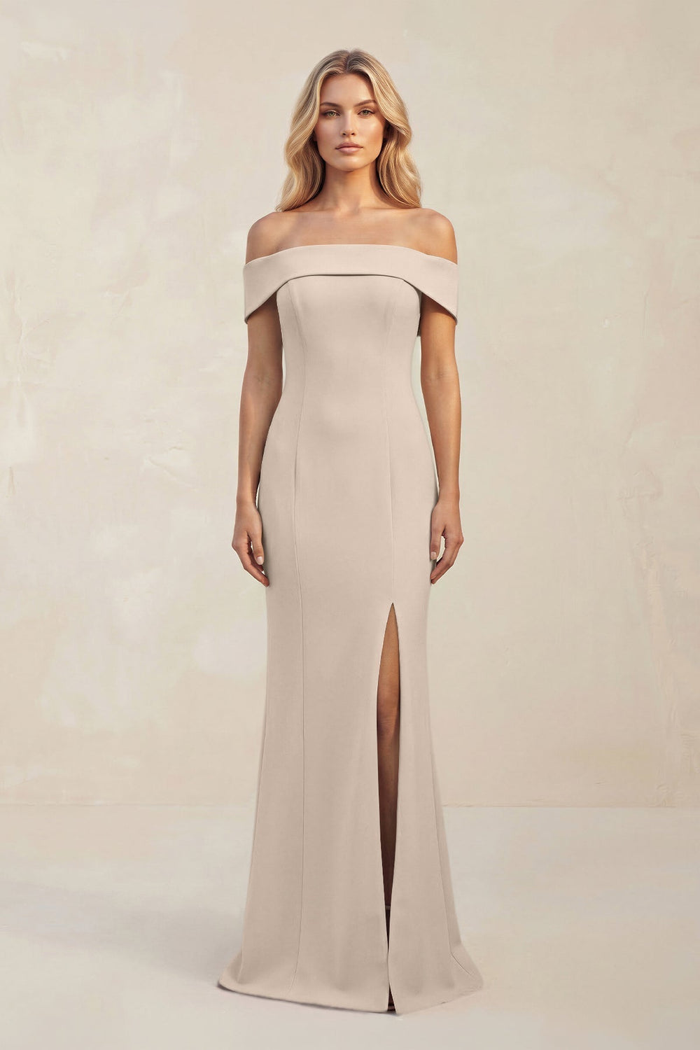 Sheath Off-the-Shoulder Satin Bridesmaid Dress With Slit in Neutral Champagne
