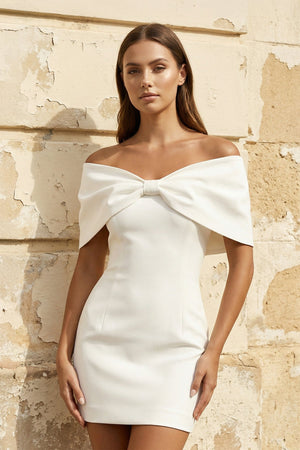 Sheath Off The Shoulder Satin Wedding Dress With Bow in White - KISS BRIDAL Wedding Dresses