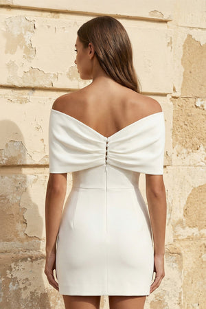 Sheath Off The Shoulder Satin Wedding Dress With Bow in White - KISS BRIDAL Wedding Dresses