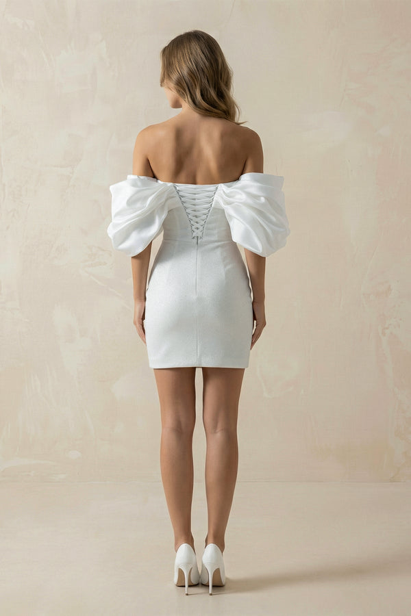 Sheath Off - the - Shoulder Short Wedding Dress in Ivory - KISS BRIDAL Wedding Dresses