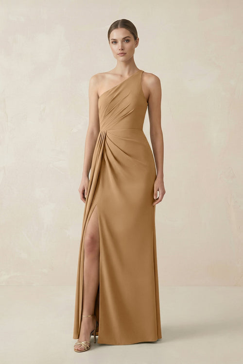 Sheath One - Shoulder Ruched Bridesmaid Dress With Slit in Bronzer - KISS BRIDAL Bridesmaid Dresses
