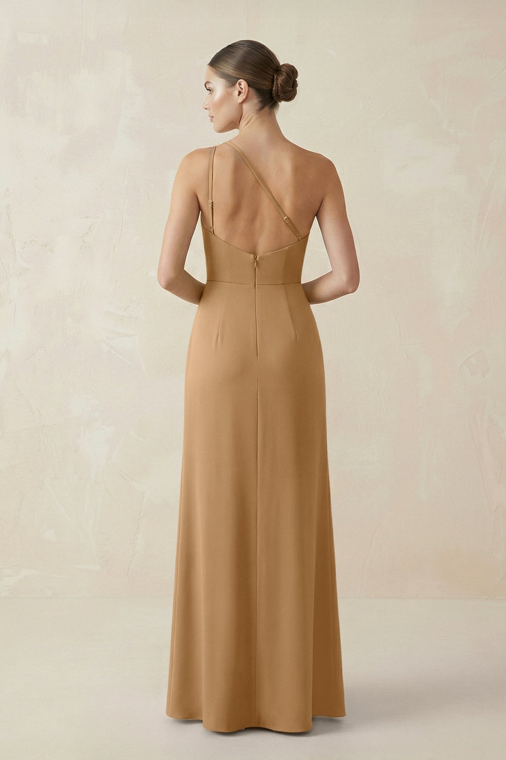 Sheath One-Shoulder Ruched Bridesmaid Dress With Slit in Bronzer