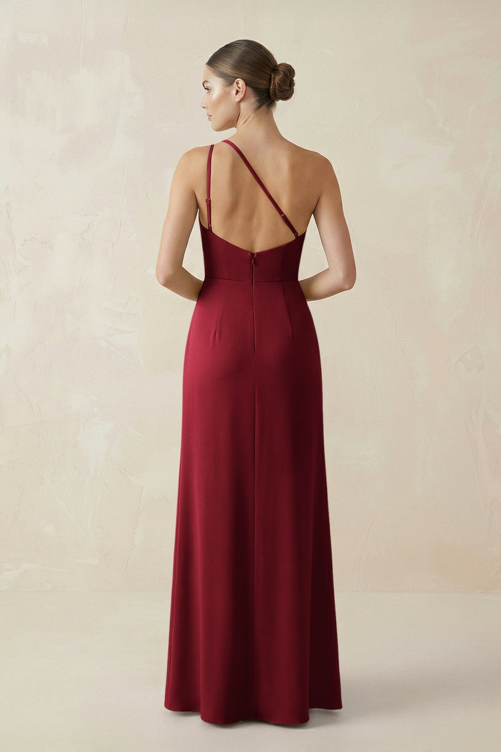 Sheath One-Shoulder Ruched Bridesmaid Dress With Slit in Burgundy