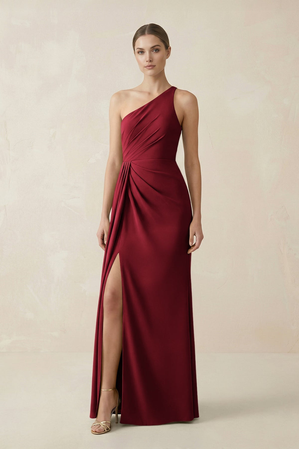 Sheath One-Shoulder Ruched Bridesmaid Dress With Slit in Burgundy