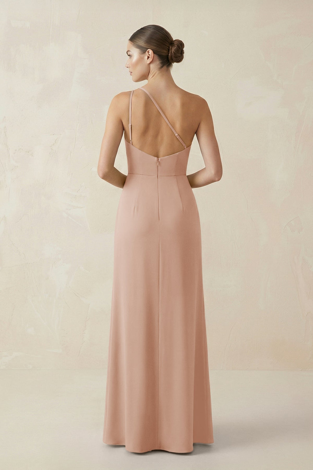 Sheath One-Shoulder Ruched Bridesmaid Dress With Slit in Champagne Rose