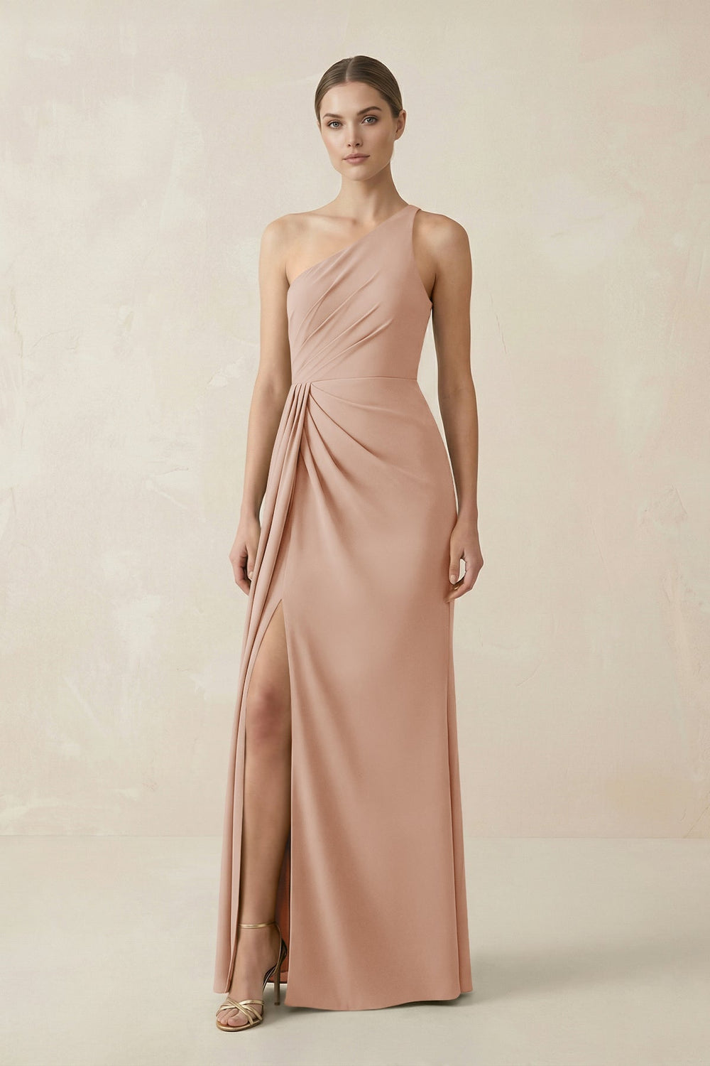 Sheath One-Shoulder Ruched Bridesmaid Dress With Slit in Champagne Rose