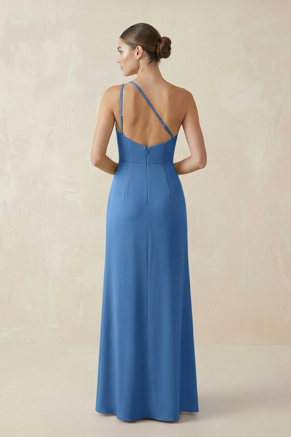Sheath One-Shoulder Ruched Bridesmaid Dress With Slit in Dusty Blue