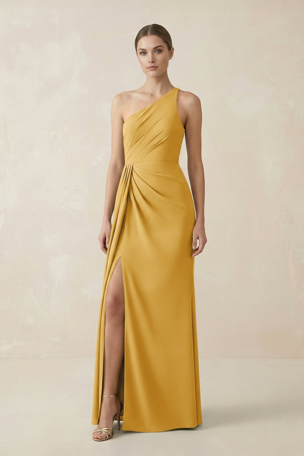 Sheath One-Shoulder Ruched Bridesmaid Dress With Slit in Gold