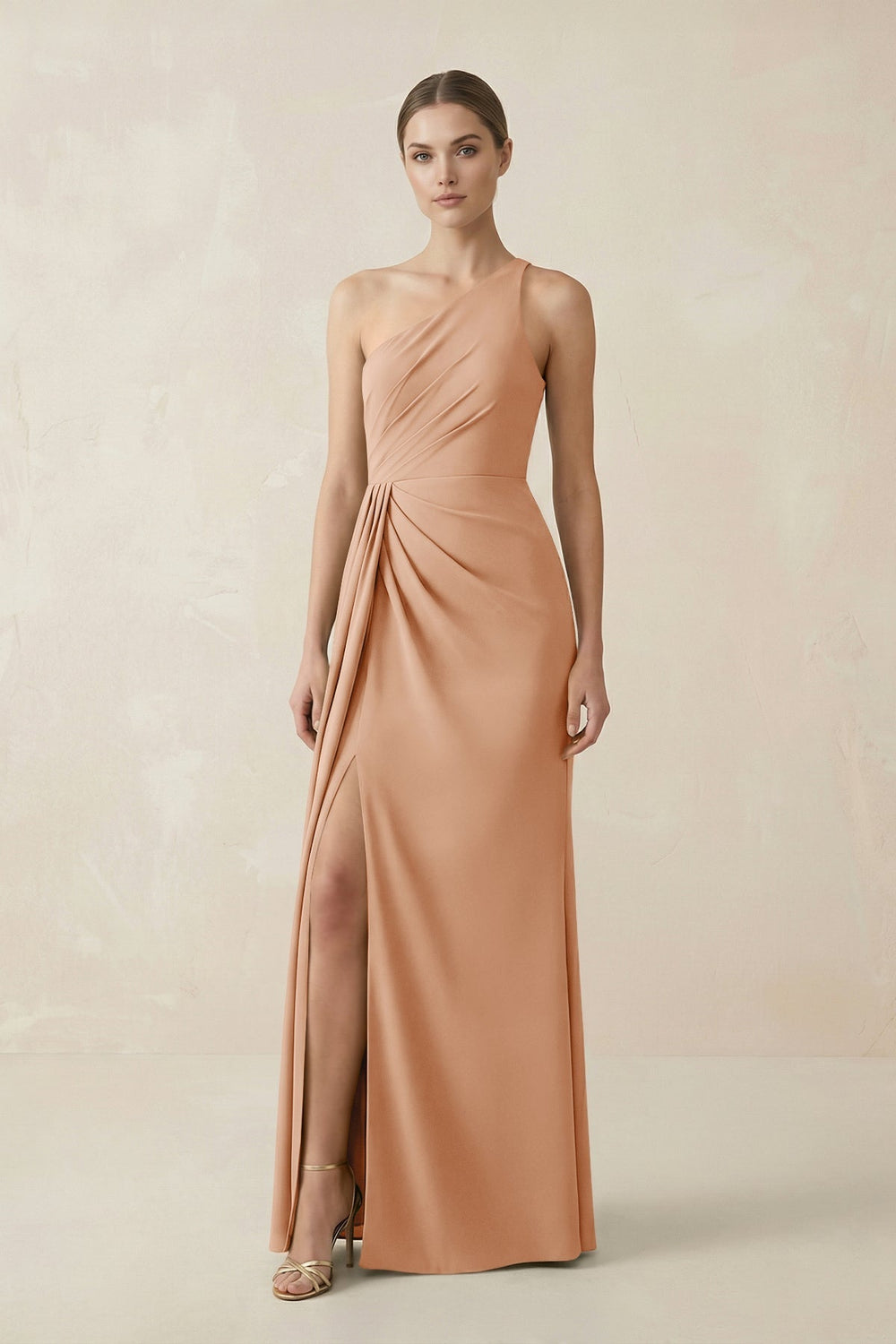 Sheath One-Shoulder Ruched Bridesmaid Dress With Slit in Golden Champagne