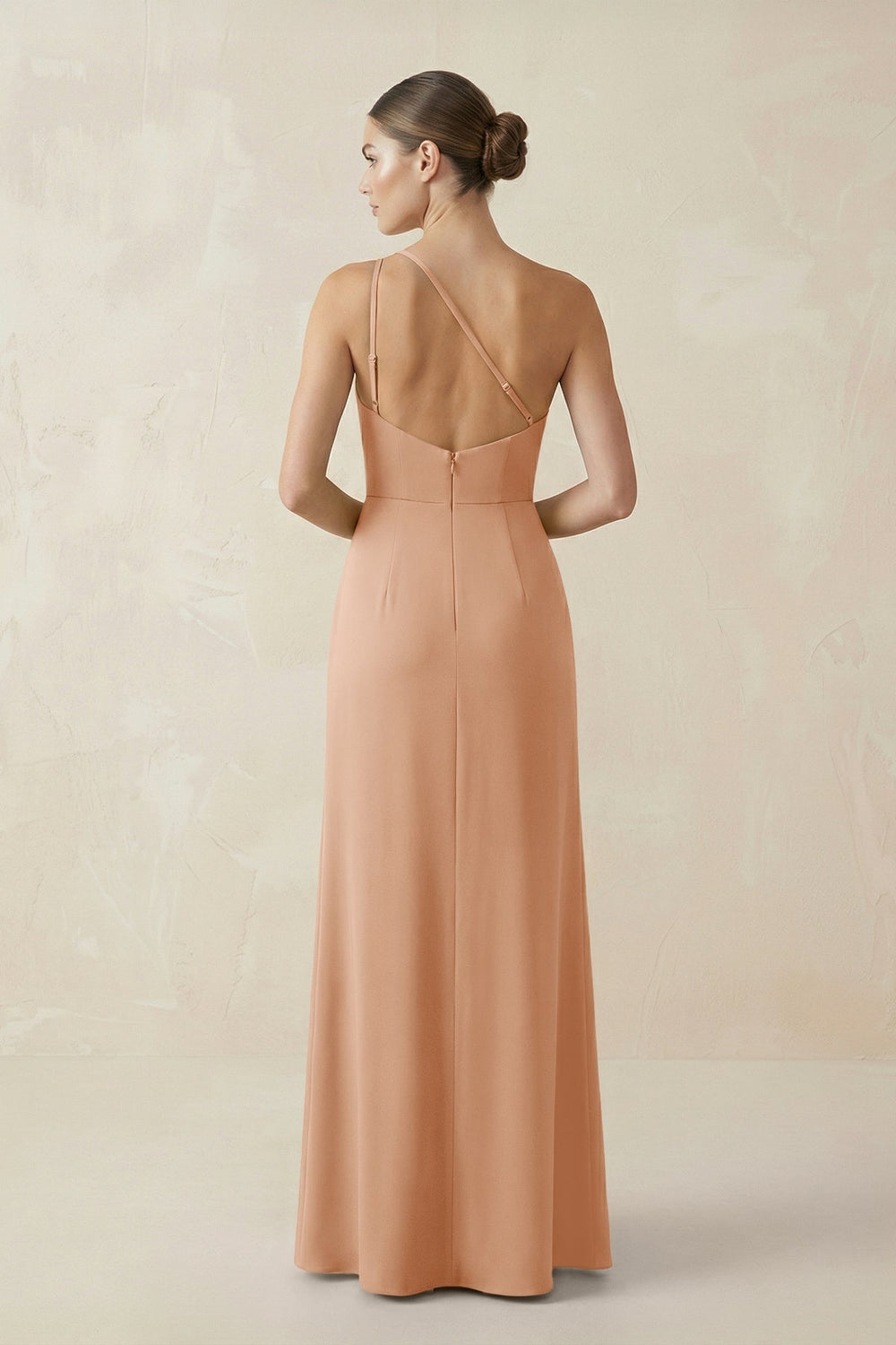 Sheath One-Shoulder Ruched Bridesmaid Dress With Slit in Golden Champagne