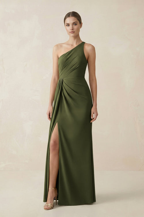 Sheath One - Shoulder Ruched Bridesmaid Dress With Slit in Olive - KISS BRIDAL Bridesmaid Dresses