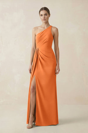 Sheath One - Shoulder Ruched Bridesmaid Dress With Slit in Orange - KISS BRIDAL Bridesmaid Dresses