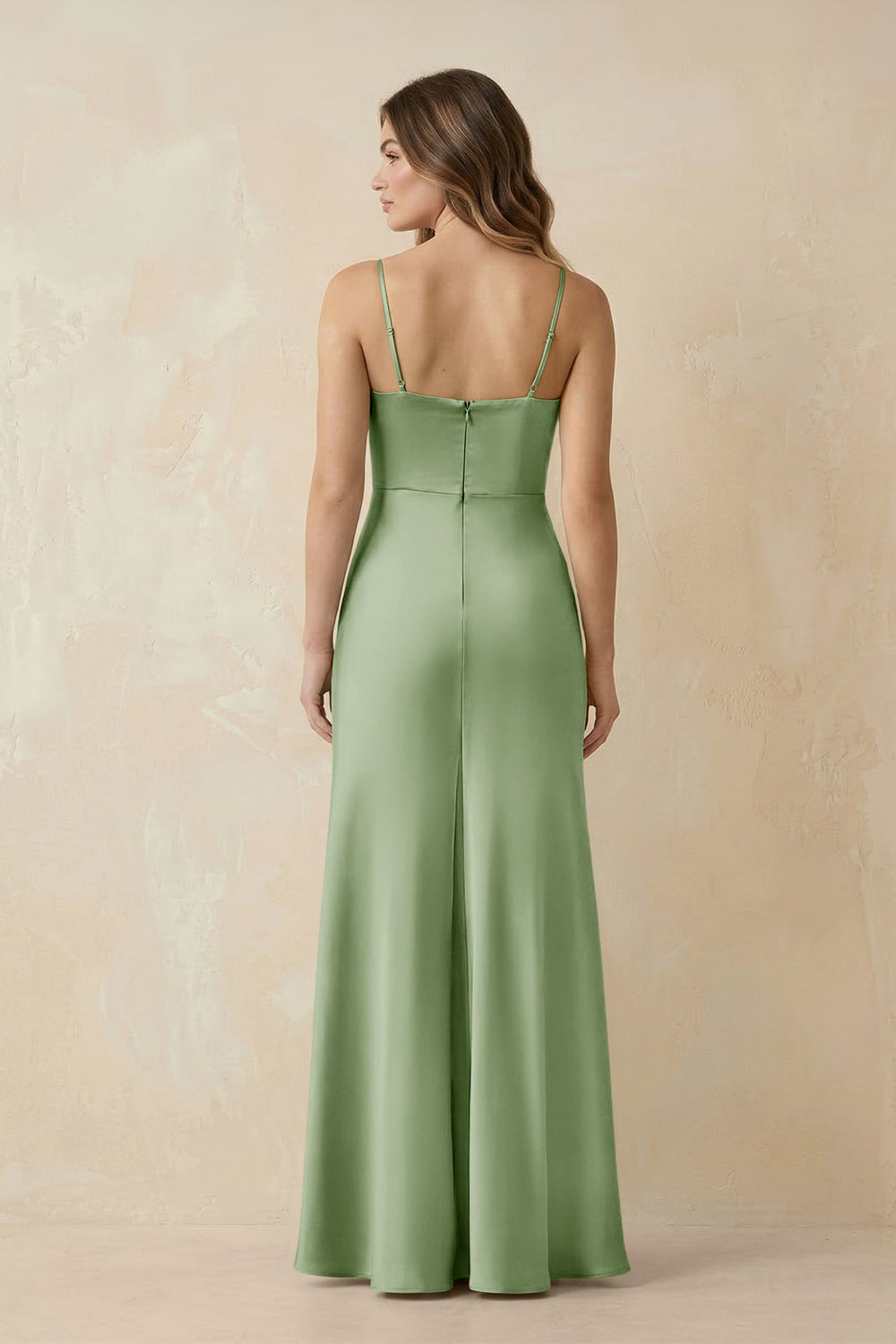Spaghetti Strap Sheath Satin Bridesmaid Dress With Slit in Sage