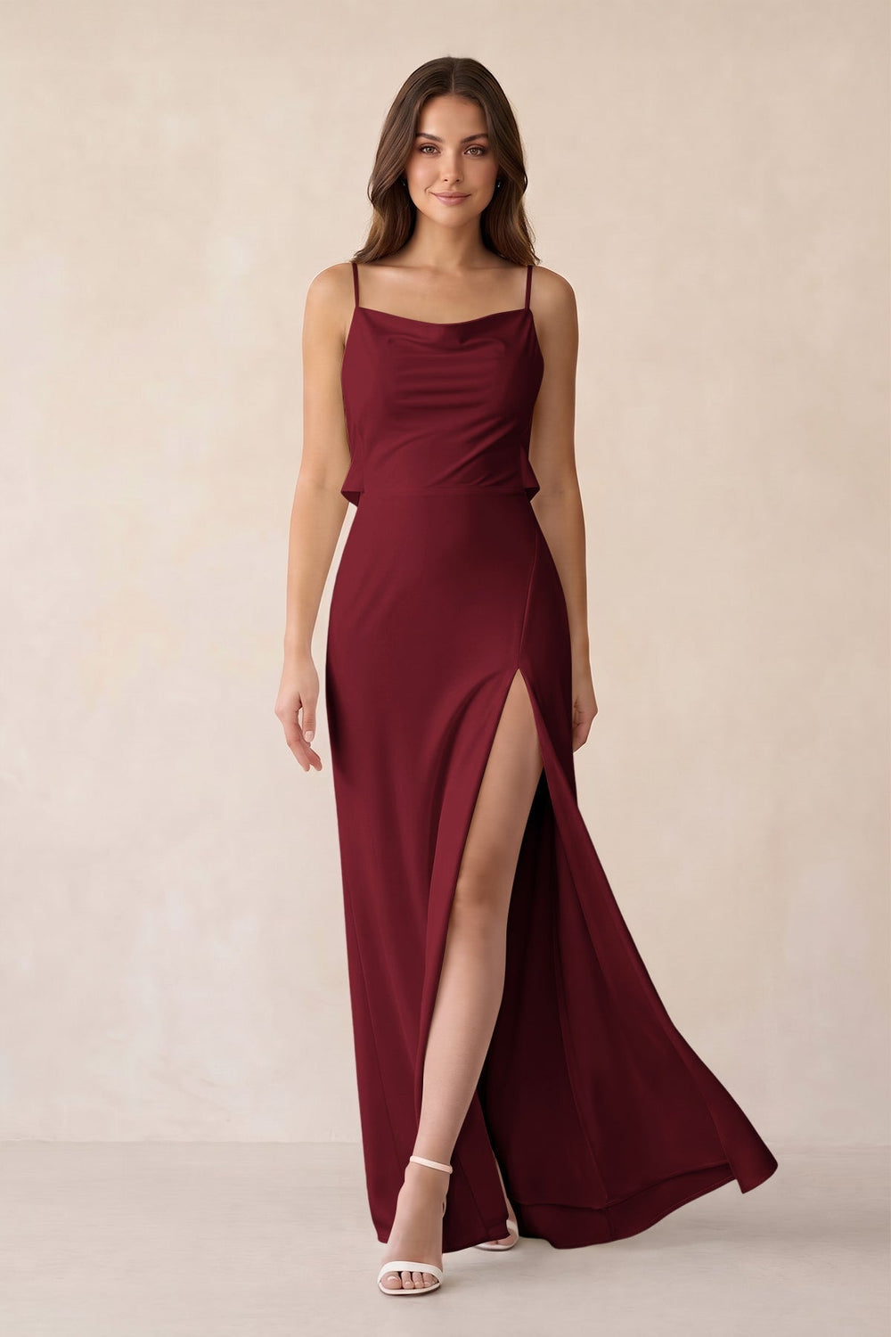 Sheath Satin Bridesmaid Dress with Side Slit in Burgundy
