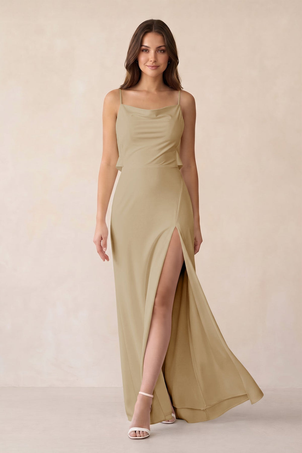Sheath Satin Bridesmaid Dress with Side Slit in Champagne