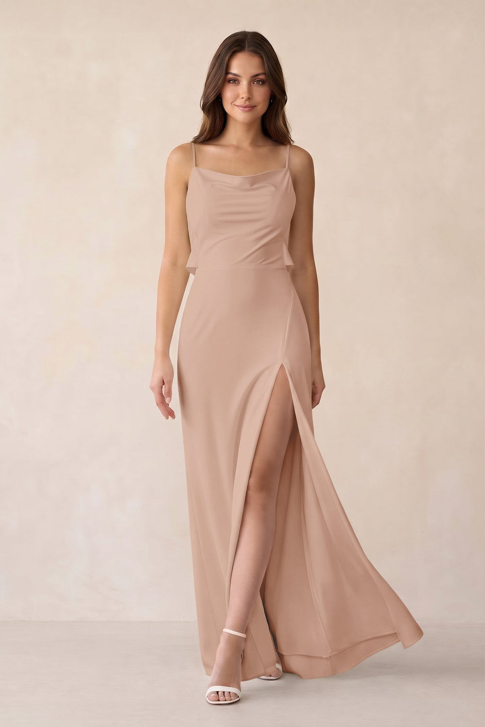 Sheath Satin Bridesmaid Dress with Side Slit in Champagne Rose