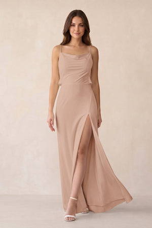 Sheath Satin Bridesmaid Dress with Side Slit in Champagne Rose - KISS BRIDAL Bridesmaid Dresses