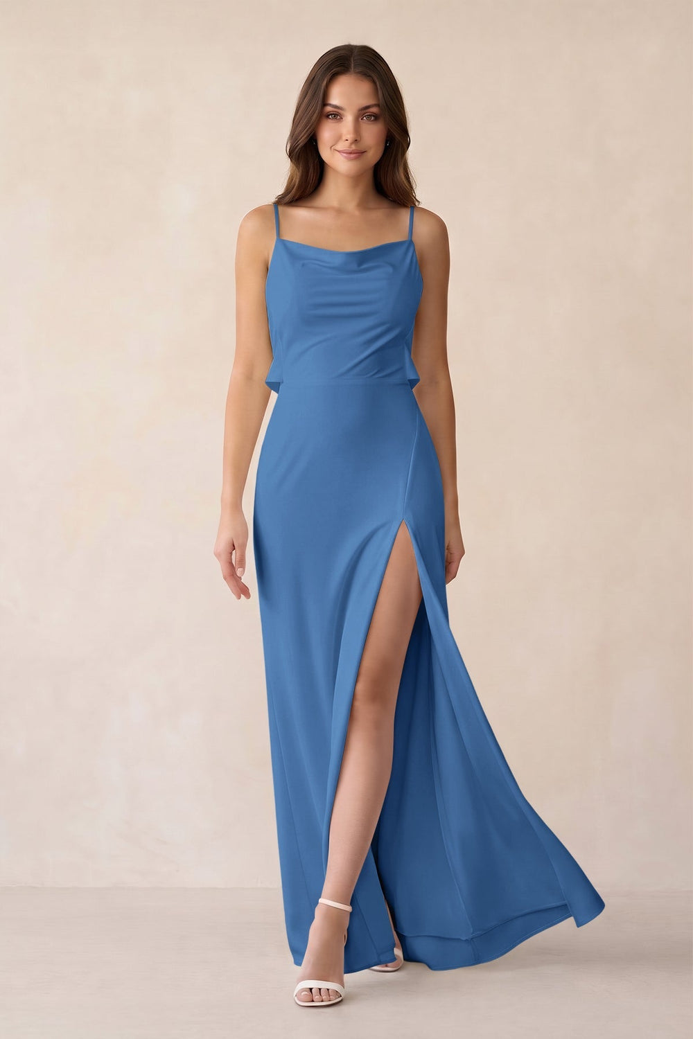 Sheath Satin Bridesmaid Dress with Side Slit in Dusty Blue