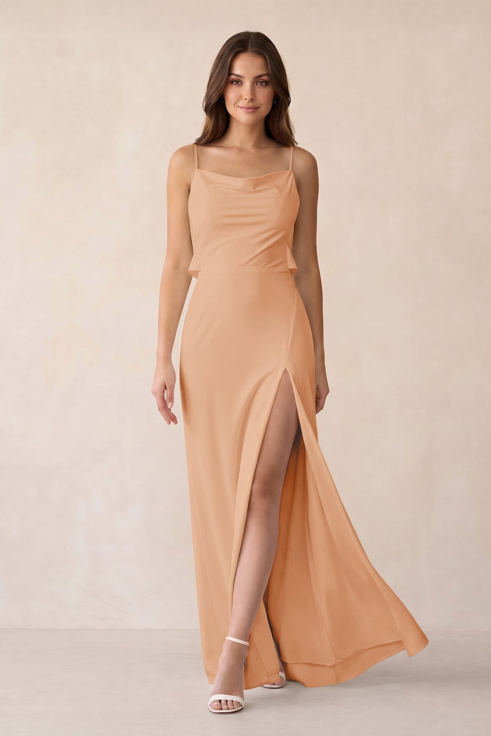 Sheath Satin Bridesmaid Dress with Side Slit in Golden Champagne
